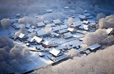 冬天古建筑背景图片_从雪中的日本村庄上方拍摄的照片