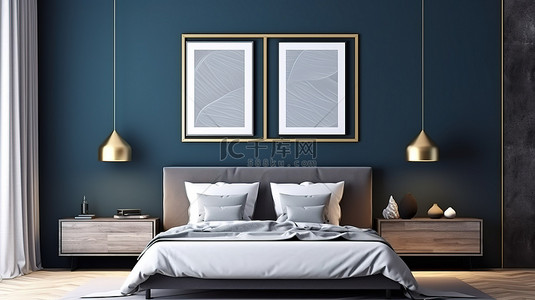 海报框架模型的 3D 渲染放置在现代卧室内部，配有空的深蓝色墙壁