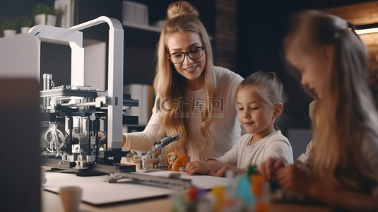 课程改革背景图片_教授年轻人的女讲师在机器人和工程课程中协助学生进行 3D 打印