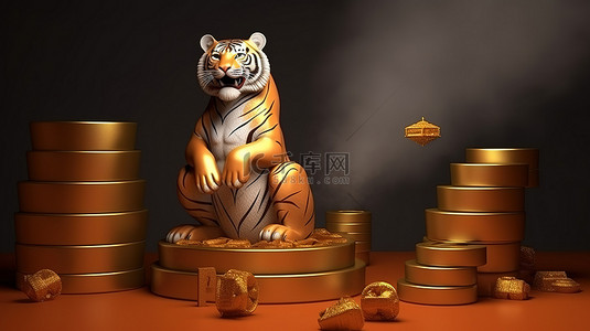 虎年 3D 渲染图像展示了一只雄伟的老虎站在讲台上，周围环绕着大量的金钱和礼物