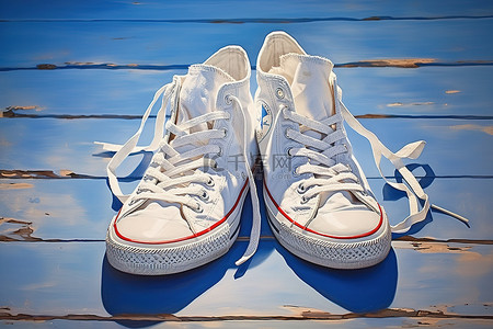 情侣白色背景图片_一双白色匡威运动鞋坐在蓝色地板上