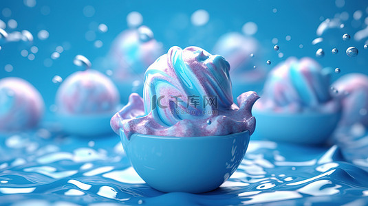 梦幻几何蓝色背景图片_3D 渲染中梦幻般的蓝色冰淇淋