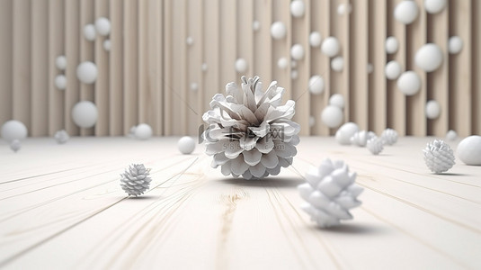 双11悬浮框背景图片_异想天开的冬季仙境 3D 渲染悬浮松果雪花叶和木材