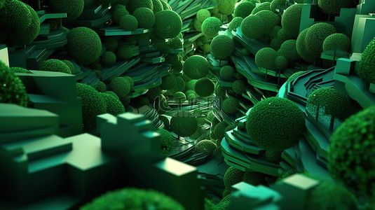 绿色流动树木和几何形状的时尚未来场景 3D 渲染