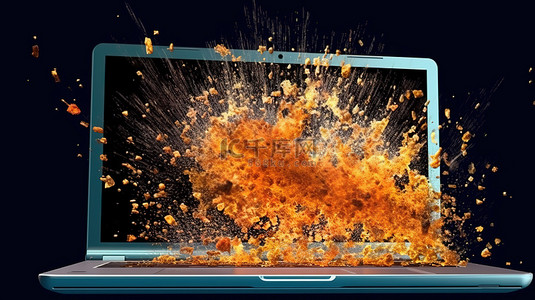 当 Bomba 发射到空中时，笔记本电脑屏幕破碎 3D 插图