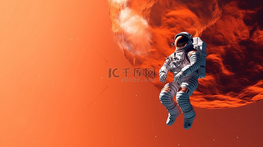 宇航员横幅在抽象背景上沿着行星漂流的 3D 插图，具有充足的复制空间