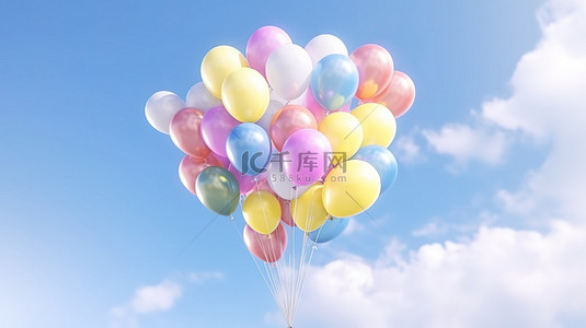 天空背景下漂浮的充满活力的气球的 3d 插图