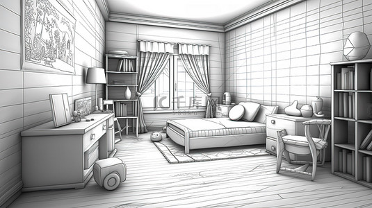 儿童景墙背景图片_儿童房间 3D 插图和草图轮廓的可视化