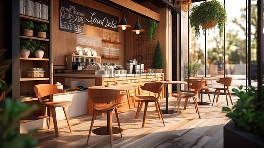 3D 插图展示咖啡店建筑，配有菜单模型和横幅