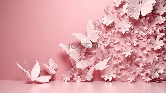 茉莉花和蝴蝶在 3d 渲染中强调粉红色抽象背景