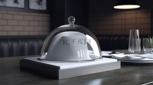 餐饮拼盘背景图片_一个金属餐厅的钟形钟形罩，盖子打开，露出一个 3d 渲染的白色礼盒