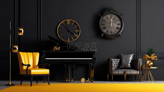 时尚的黑色和黄色大钢琴与室内设置中的老式时钟和框架形成鲜明对比 3D 插图