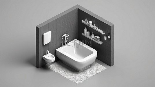 浴室套房的单色等距图标，配有浴缸卫生间和衣柜