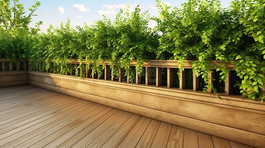 墙玻璃背景图片_木制阳台和郁郁葱葱的花园树篱的 3d 视觉效果