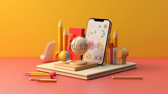 智能教室背景图片_带有教育物品和强调在线学习的智能手机的桌子的 3D 插图