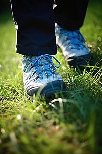 登山徒步的人背景图片_草地上穿着登山靴的人的图像