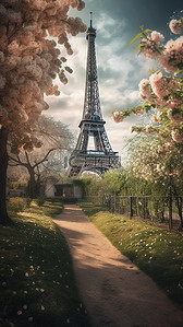春天旅游卡通背景图片_埃菲尔铁塔巴黎春天风景背景