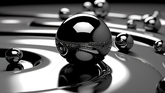 科技球体背景图片_黑色液体球体的抽象单色合并 3d 渲染插图