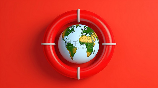 3D 渲染的地球救生圈在醒目的红色背景上