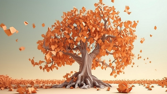 干树枝背景图片_令人难以置信的卡通风格 3D 渲染自然的秋季通过干树设计主题捕捉
