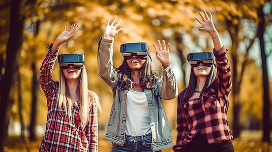 不同种族的快乐朋友在户外享受 3D 虚拟现实护目镜