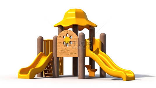 儿童闲暇背景图片_时尚的儿童木质游乐区，设有大型黄色弹簧滑梯，白色背景 3D 渲染，带阴影