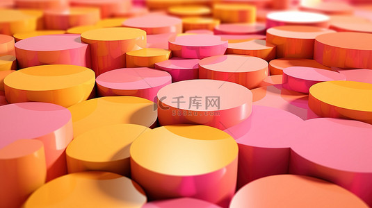 科技块背景图片_粉红色背景上粉红色橙色和米色的光泽块圆圈是 3D 渲染中令人惊叹的抽象插图