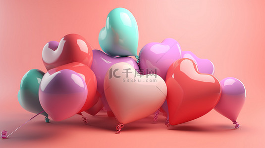 粉红色混凝土设置中充满活力的心形气球水平横幅 3D 渲染
