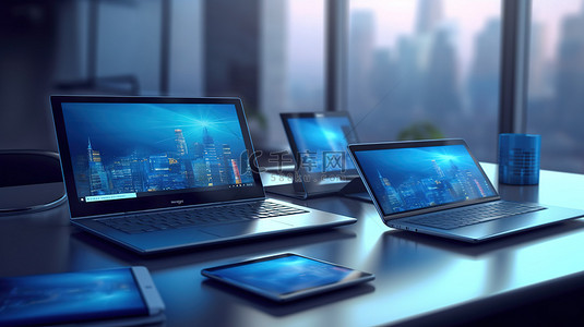蓝色办公桌上的数字设备笔记本电脑手机和平板电脑 3D 插图
