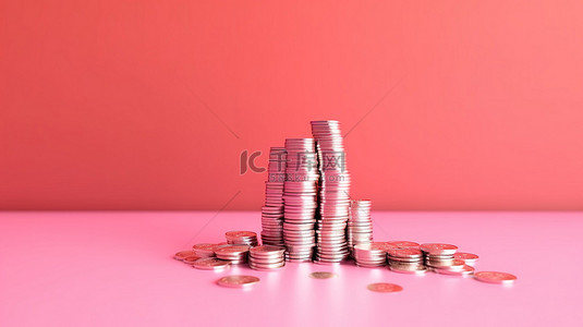 金融储蓄粉红色背景的插图与堆叠的硬币和钱束