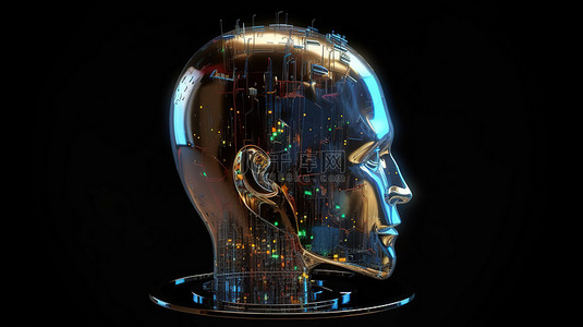 全息机器人头与 3d 插图中的人工智能大脑