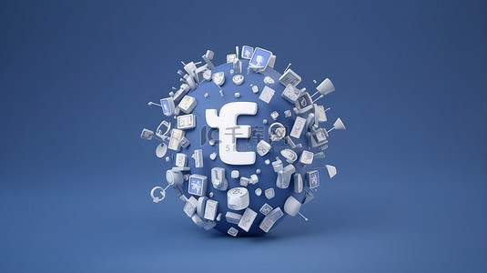 蓝色背景下 3D 渲染中围绕 Facebook 徽章的类似图标的集合