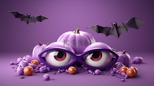 传统十月假期 3D 渲染眼球和蝙蝠在紫色背景快乐万圣节