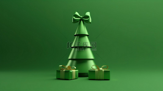简约圣诞树装饰品 3D 渲染绿丝带形状