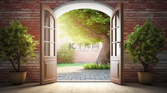 门外logo背景图片_敞开的门外，砖墙 3D 渲染的迷人日落景色