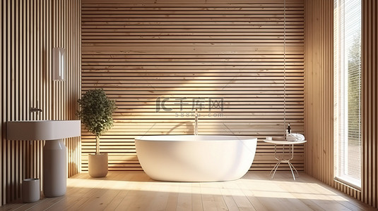 格子墙背景图片_阳光明媚的现代浴室，配有木格子墙 3D 渲染