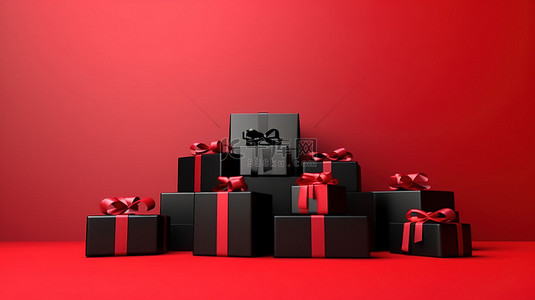 黑色礼物盒背景图片_红热黑色星期五在深红色背景上处理黑色礼物的 3D 渲染，具有开放的文本空间