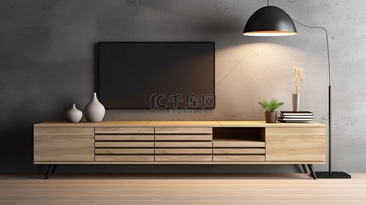 电视墙背景背景图片_简约房间 3D 渲染中的现代木制电视控制台和时尚落地灯