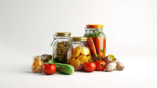 白色背景 3D 渲染上排列的罐装蔬菜食用油和厨具