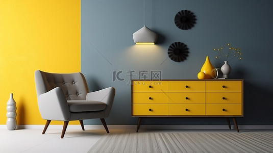 阳光明媚的客厅背景图片_充满活力的生活空间，配有阳光明媚的黄色扶手椅毛绒地毯和背景 3D 渲染中引人注目的餐具柜