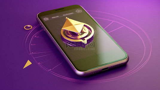 手与背景图片_以箭头和金币为特色的以太坊主题 3d 智能手机与紫色背景数字货币概念在 3d 渲染中