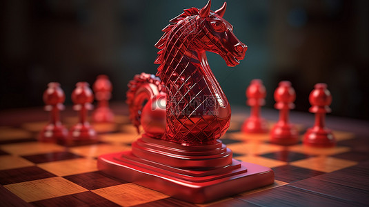 具有红色骑士棋子的棋盘的 3d 渲染