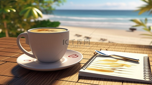 海洋旅行背景图片_空白日历的特写 3D 渲染，辅以俯瞰宁静海洋的咖啡杯