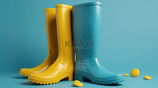 下雨水背景图片_商业设计蓝色背景与 3d 渲染雨靴伞在倾盆大雨下提供充足的复制空间