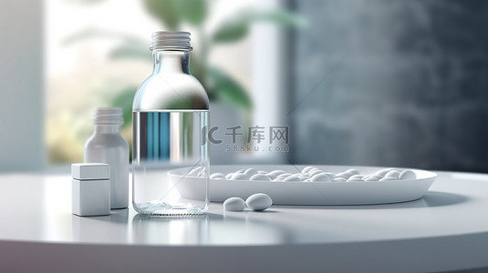 药药丸背景图片_白色药丸空白塑料药瓶和一杯水的 3D 渲染，用于完整的处方设置