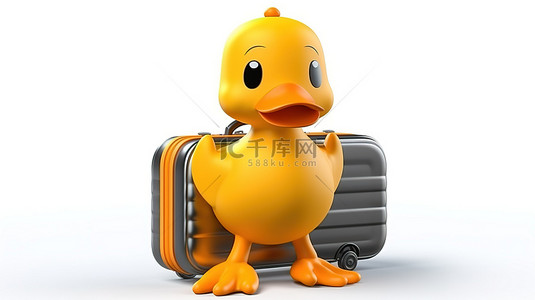 白色背景上带有橙色手提箱的黄色鸭吉祥物的可爱 3D 渲染