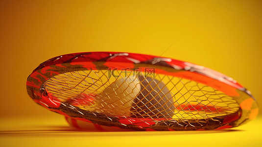 充满活力的黄色背景上 3D 渲染的网球拍运动器材