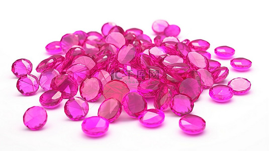 圆形粉色宝石背景图片_白色背景上孤立的粉色和洋红色糖果宝石的 3D 插图
