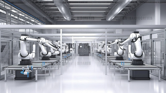 工厂自动化 机器人系统运行的 3D 渲染计算机显示