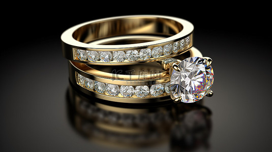 黄金和白金订婚戒指与结婚戒指搭配的 3D 渲染